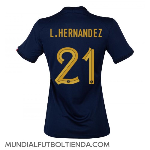 Camiseta Francia Lucas Hernandez #21 Primera Equipación Replica Mundial 2022 para mujer mangas cortas